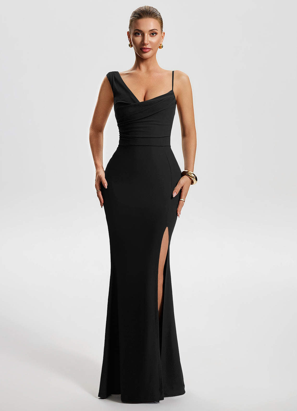 Freya Mermaid Cowl-Neck Stretch Jersey Evening Dress in Black