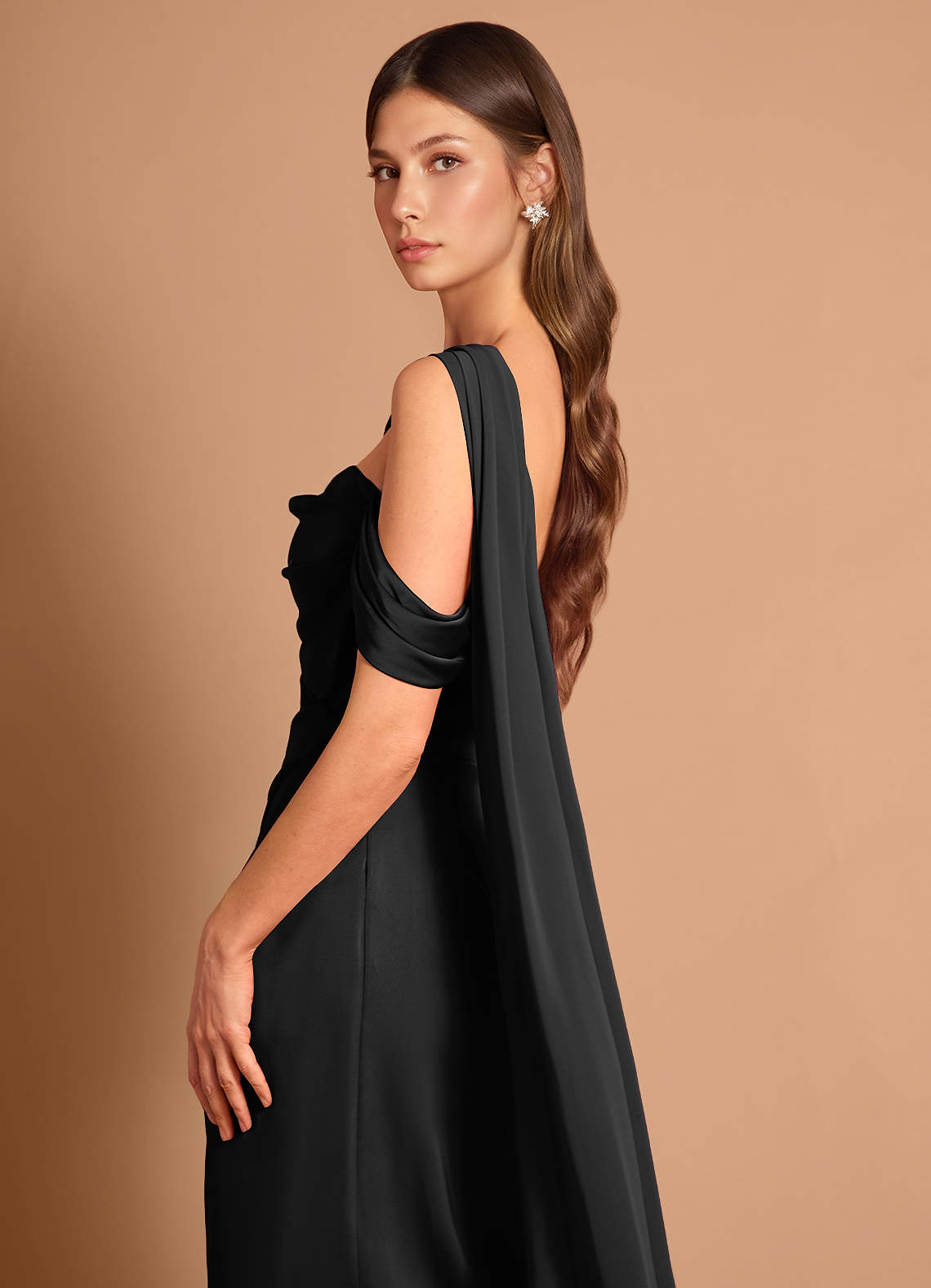 Meliora Asymmetric Strapless Chiffon-Drape Stretch Satin Evening Dress in black