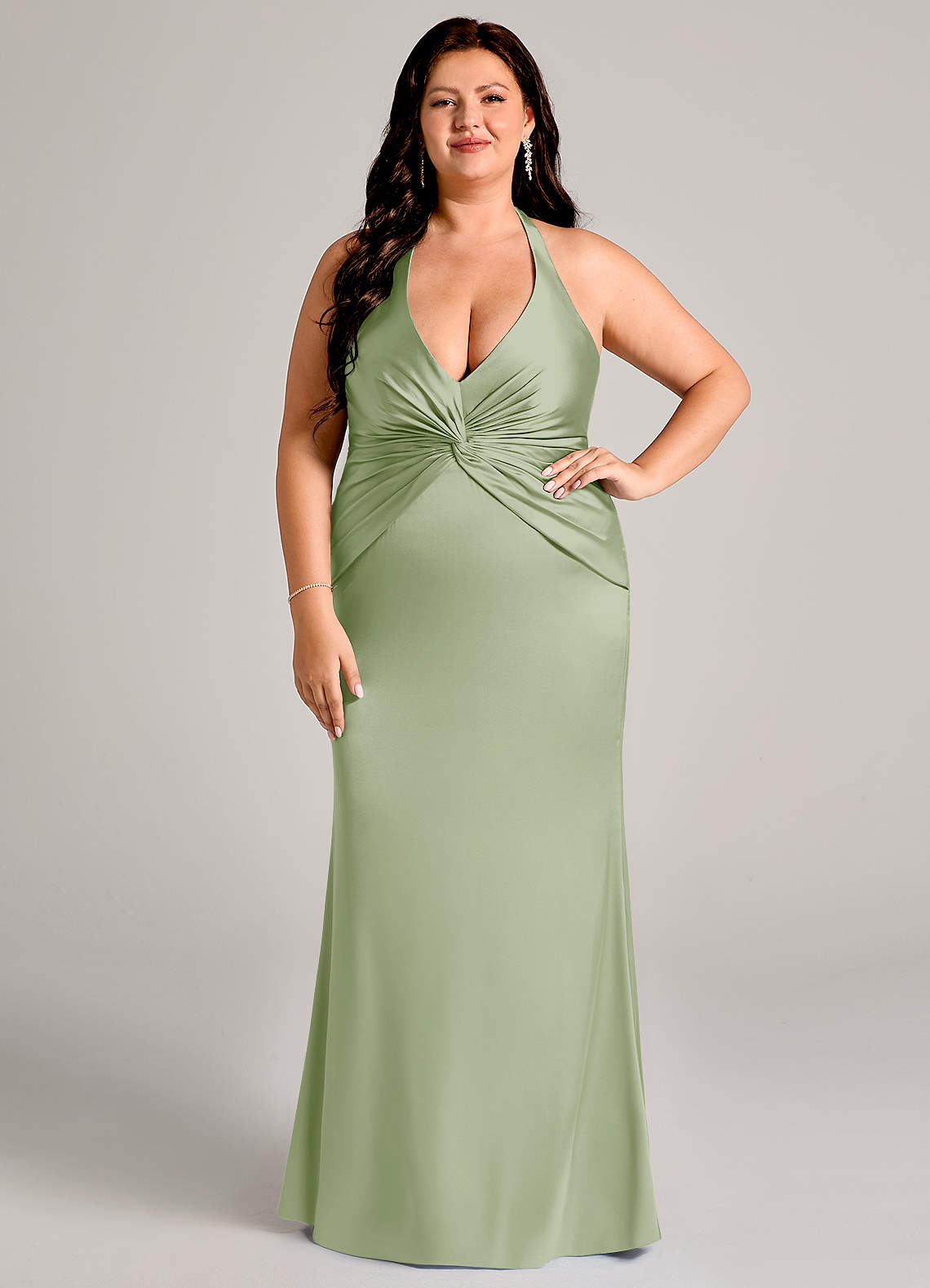 Valerie Mermaid V-Neck Stretch Satin Bridesmaid Dress in Dusty Sage