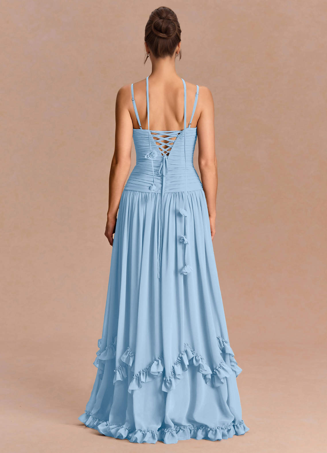 Eulalie A-Line Floral-Appliqué Chiffon Evening Dress in Haze blue