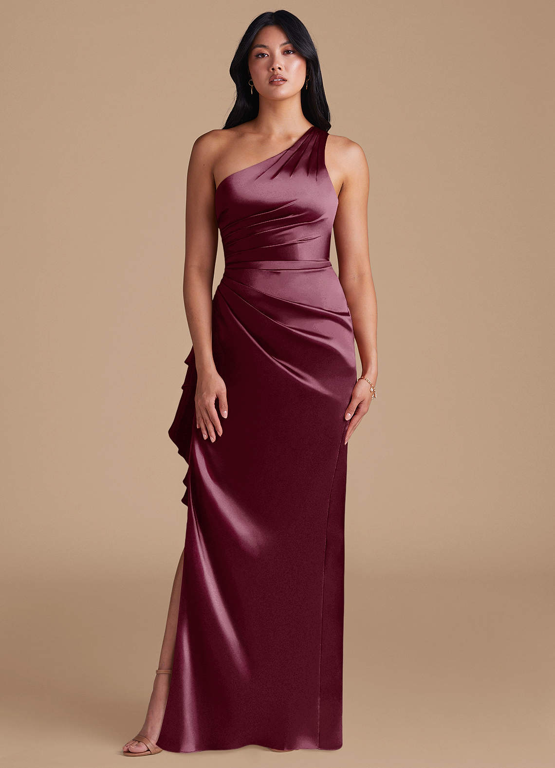Latrice Sheath One-Shoulder Metallic Satin Bridesmaid Dress in Cabernet