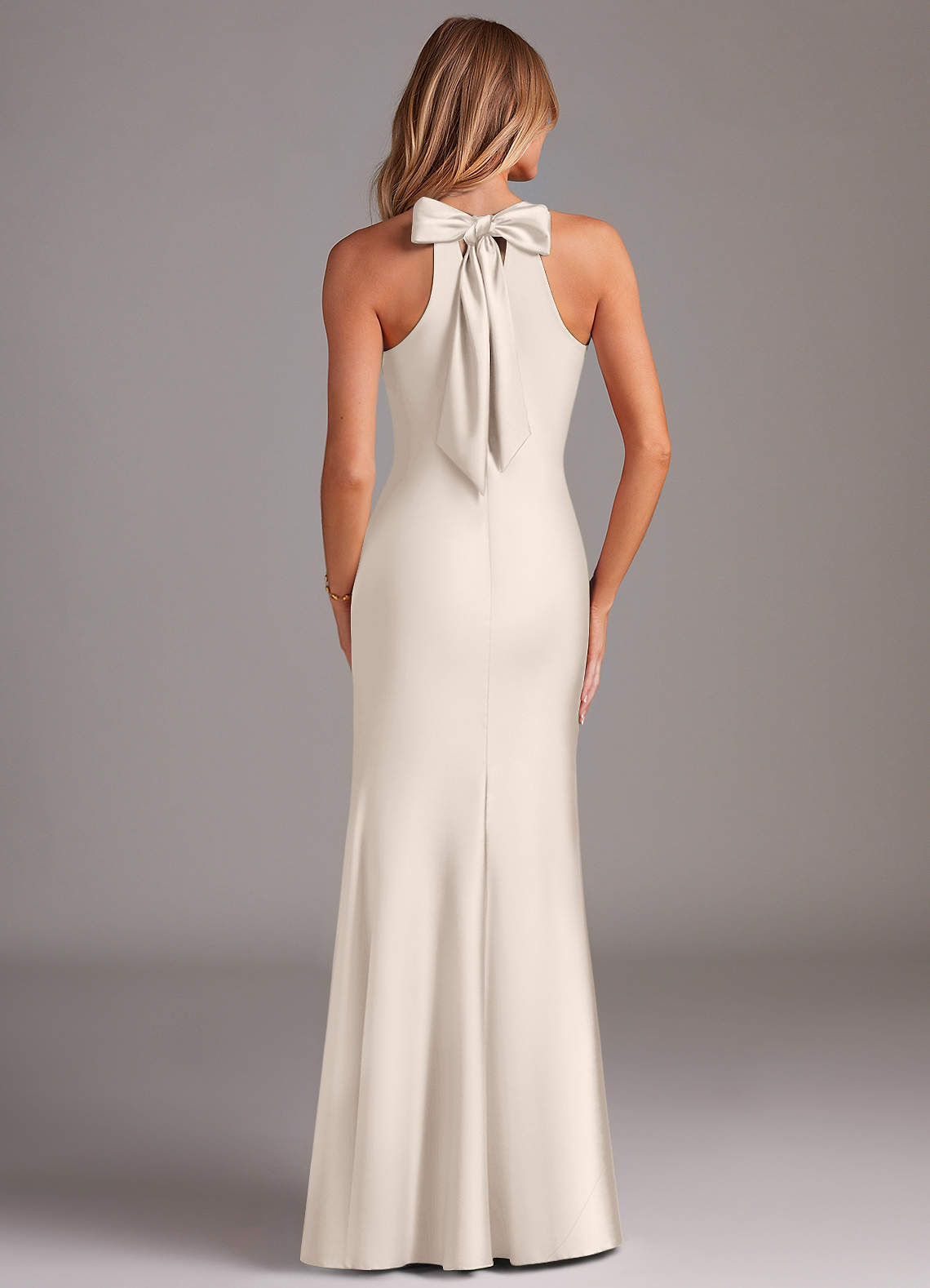 Doretta Mermaid Halter Stretch Satin Bridesmaid Dress in White Alabaster