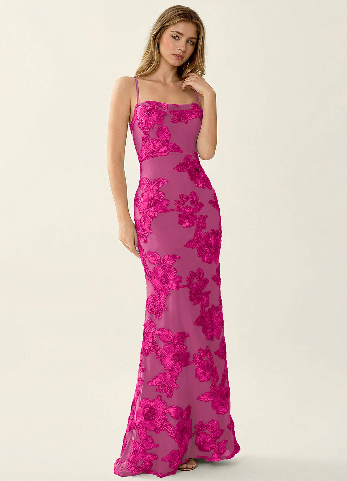 Kailani Mermaid Spaghetti-Strap Lace Evening Dress in Fuchsia