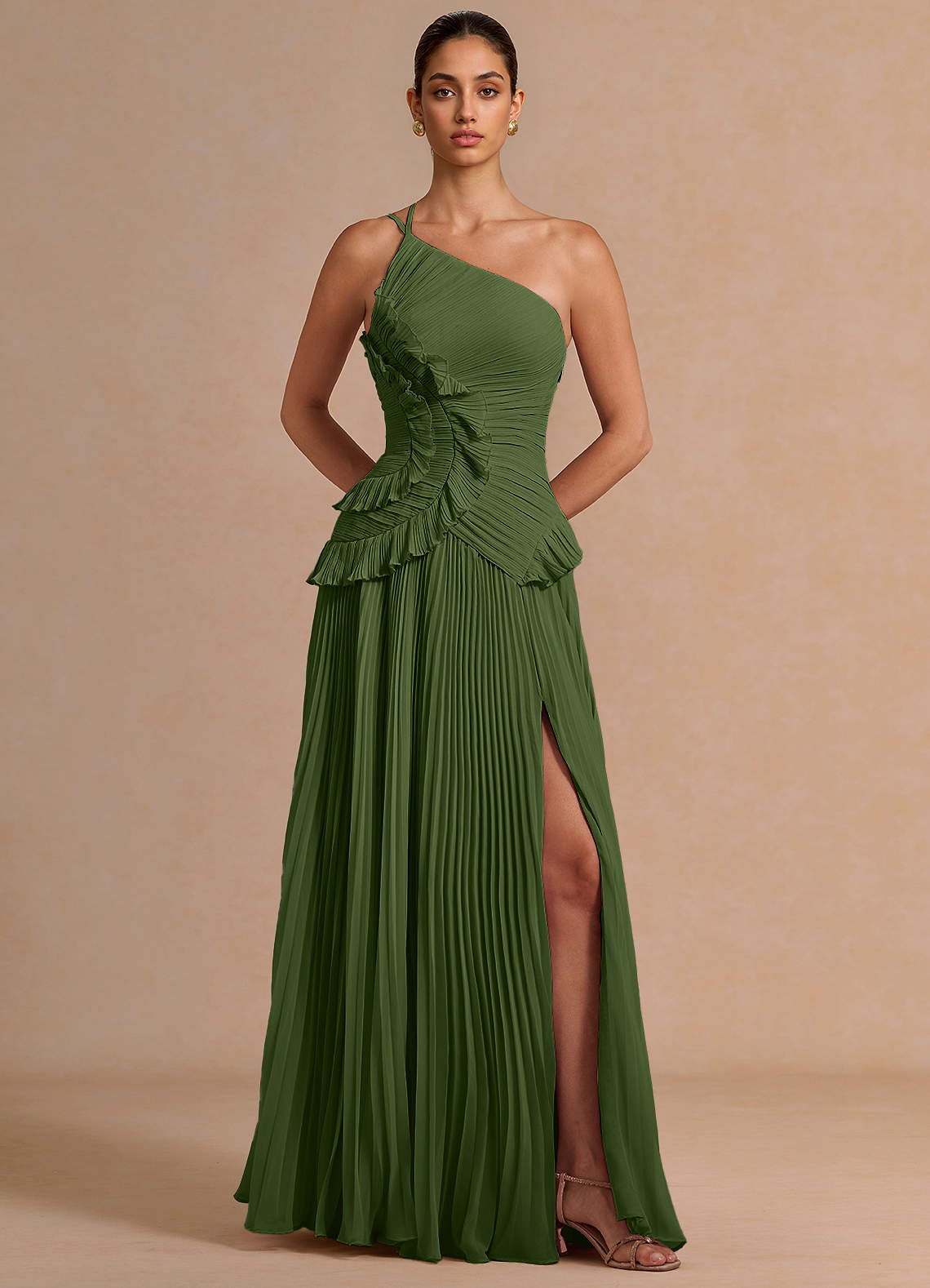 Melody A-Line One-Shoulder Chiffon Evening Dress in Olive