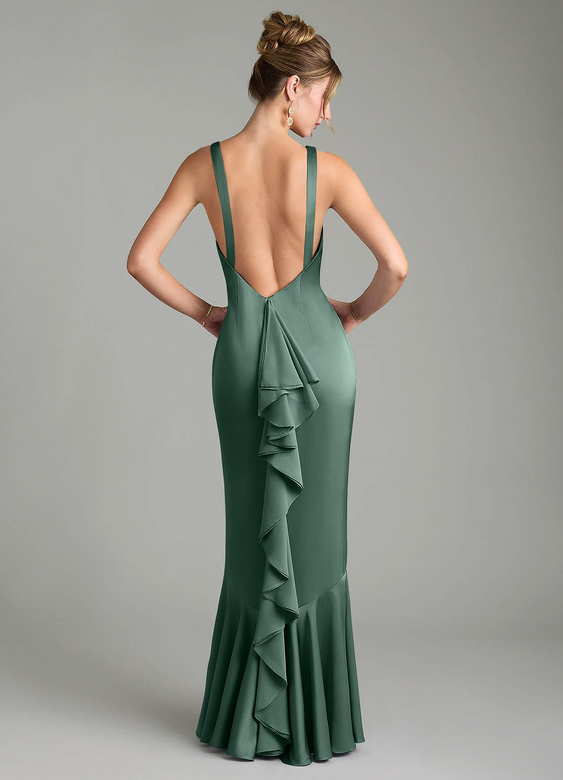 Tamera Mermaid Boat-Neck Stretch Satin and Chiffon Bridesmaid Dress in Eucalyptus