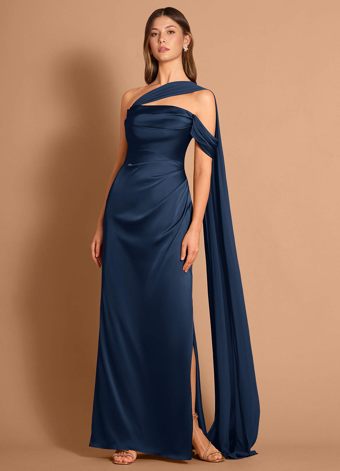 Meliora Asymmetric Strapless Chiffon-Drape Stretch Satin Evening Dress in Navy
