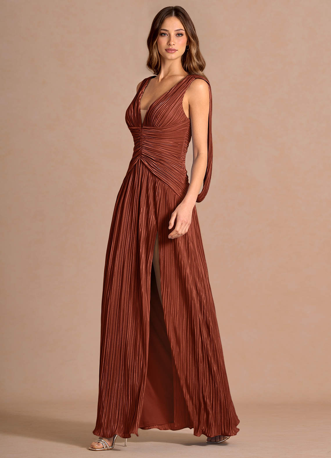 Quellia Sheath V-Neck Stretch Knit Wedding Guest Dress in Terracotta