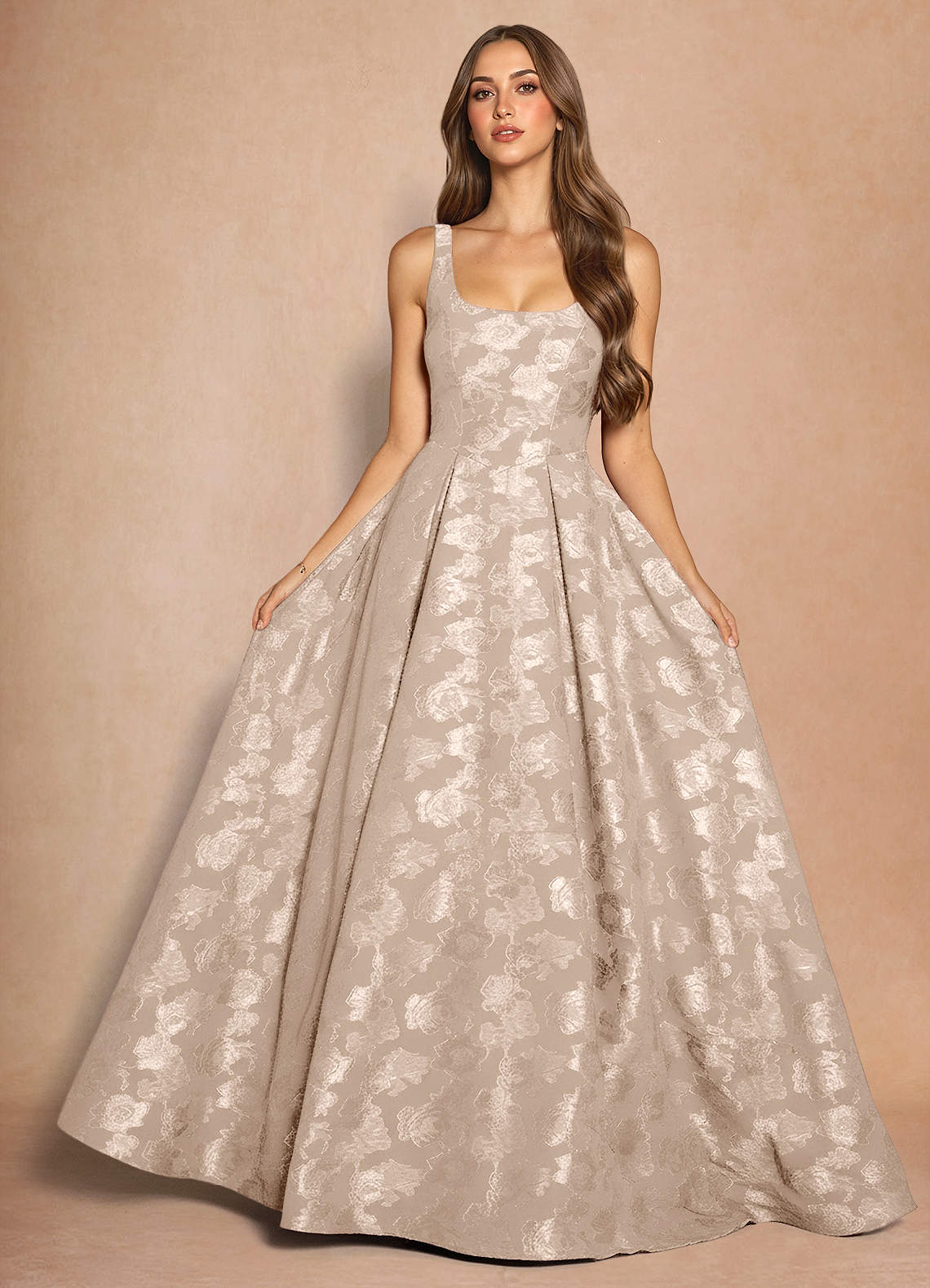 Briac A-Line Scoop-Neck Fil Coupé Evening Dress in Cream