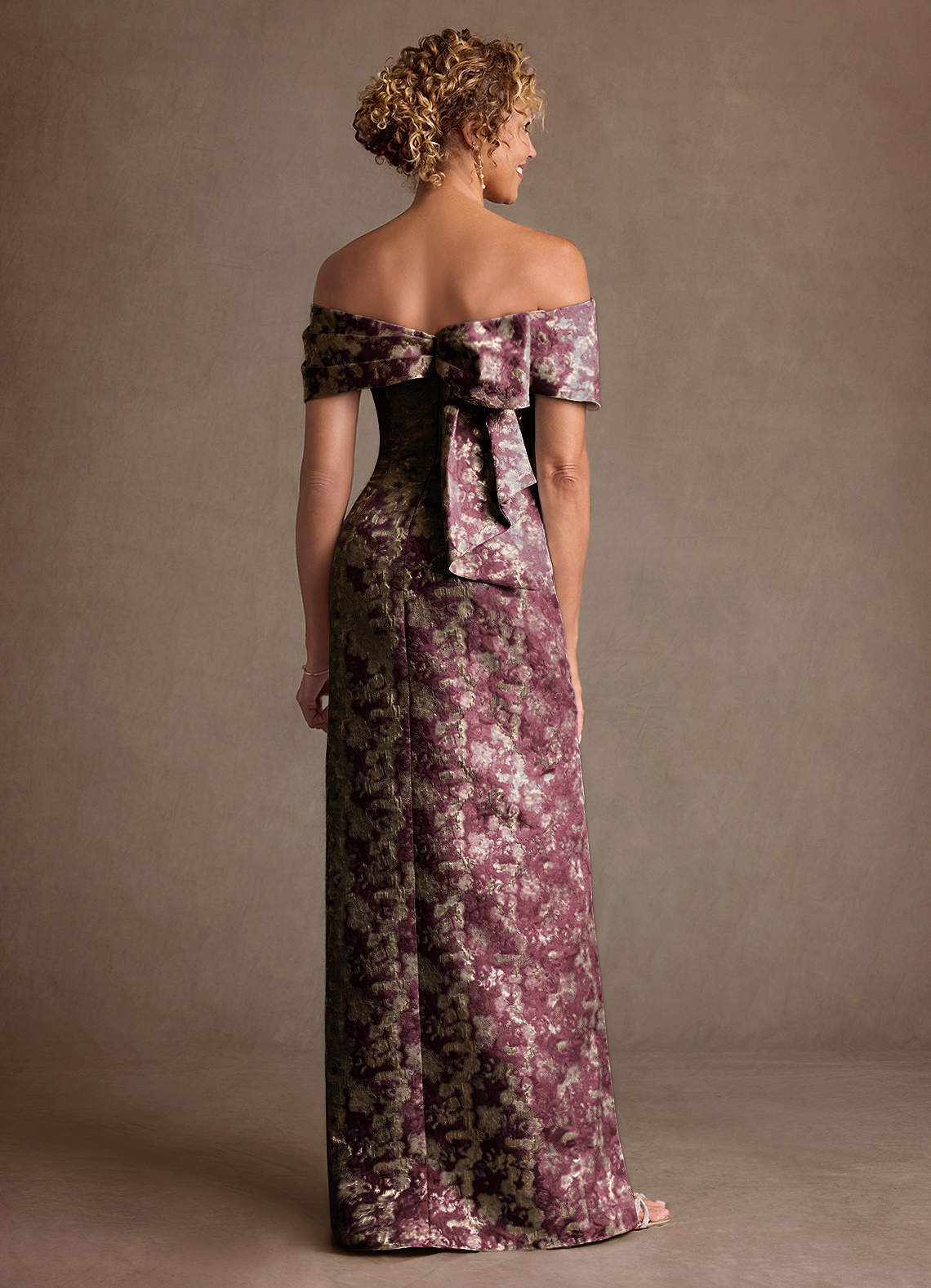 Zion Sheath Off-the-Shoulder Jacquard Mother of the Bride Dress in Cabernet
