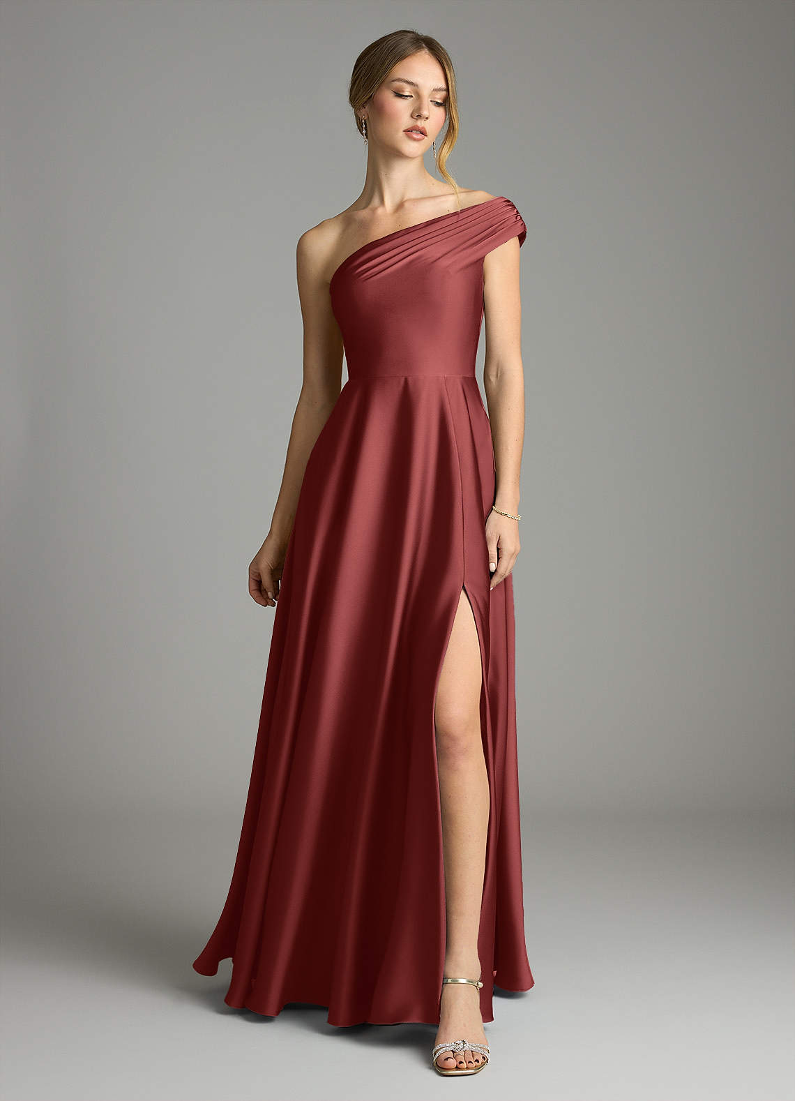 Melanie A-Line One-Shoulder Stretch Satin Bridesmaid Dress in Terracotta