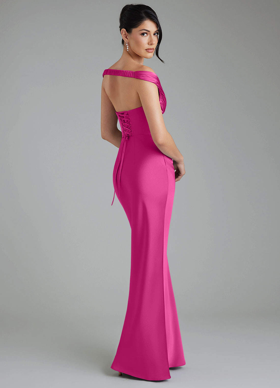 Stella Sheath V-Neck Stretch Satin Bridesmaid Dress in Fuchsia