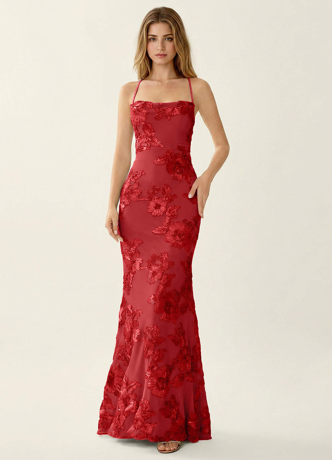 Kailani Mermaid Spaghetti-Strap Lace Evening Dress in Pale Purple