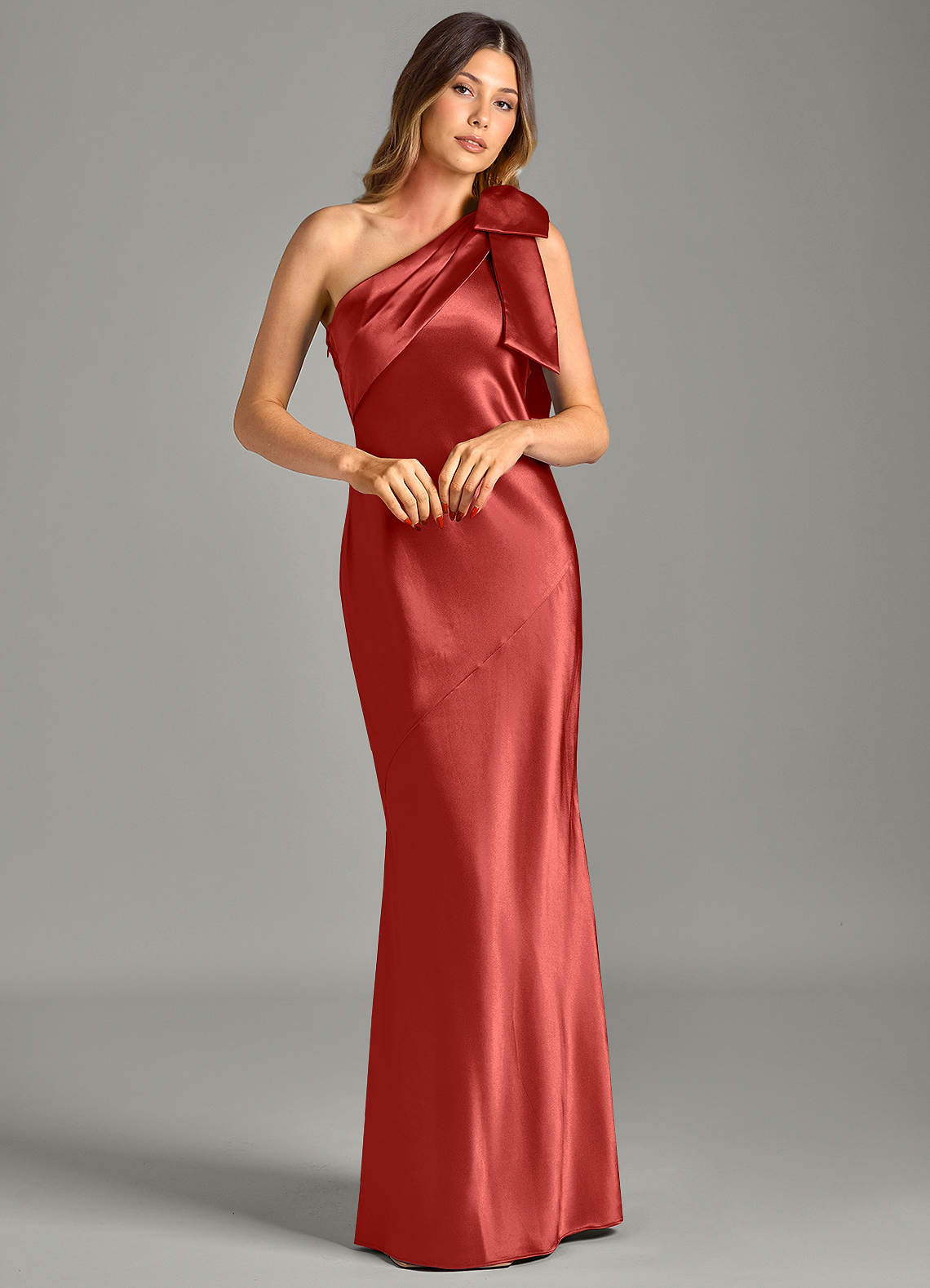 Yuanna Mermaid One-Shoulder Metallic Satin Bridesmaid Dress in Rust