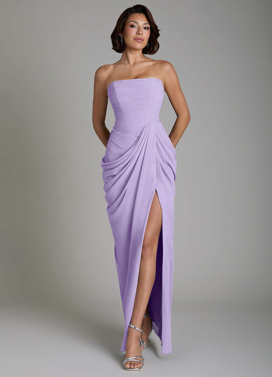 Nyra Sheath Strapless Chiffon Bridesmaid Dress in Lilac