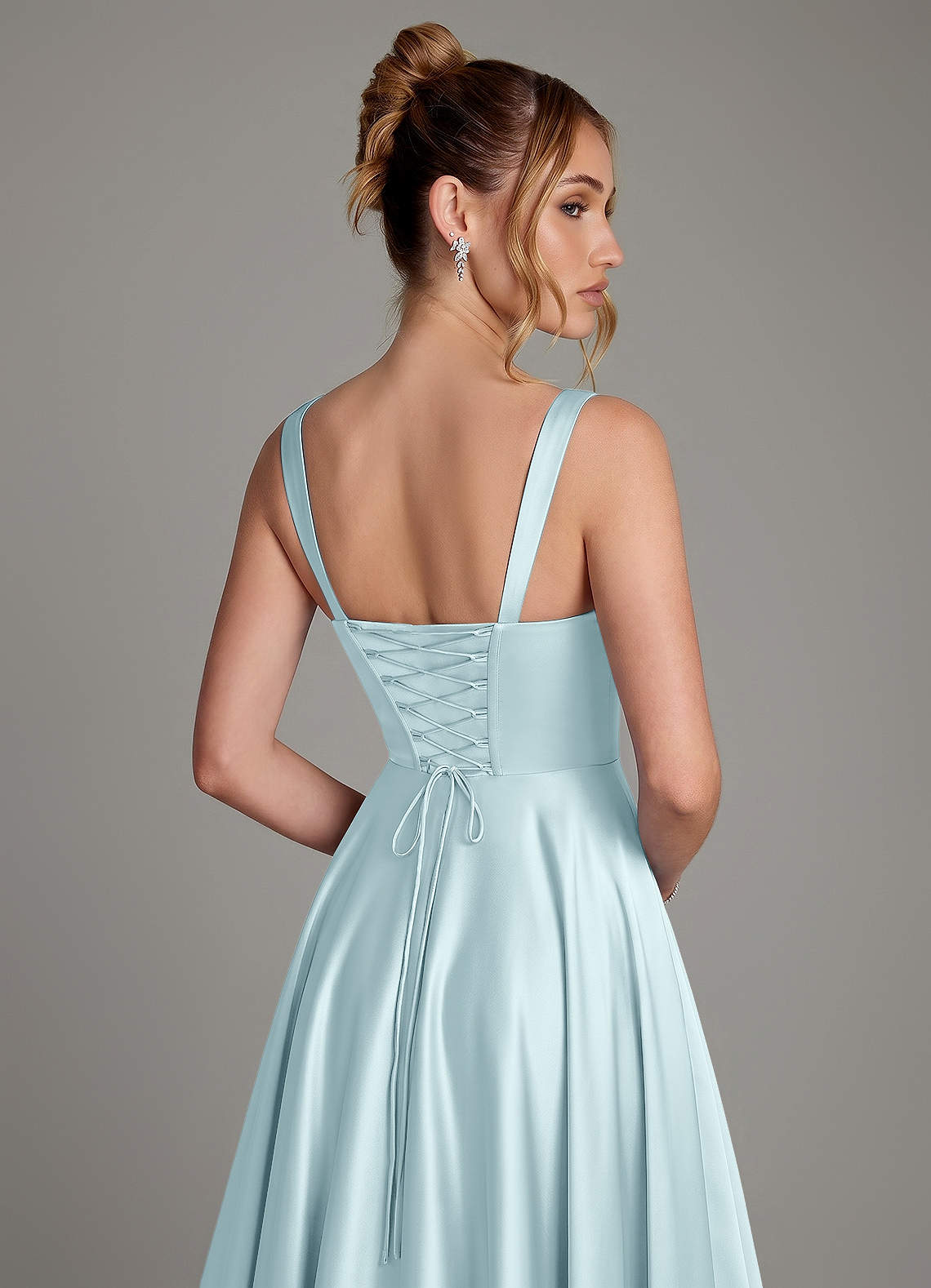 Azaria A-Line Square-Neck Stretch Satin Bridesmaid Dress in Cloud Blue
