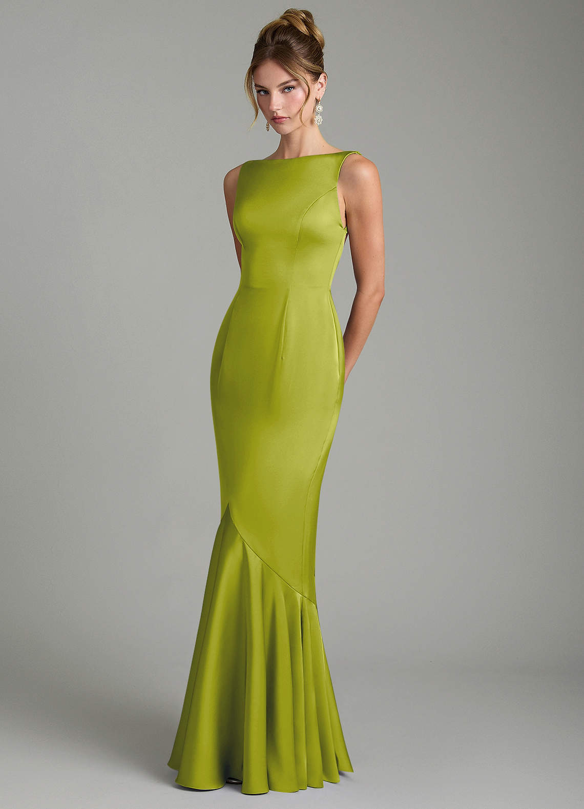 Tamera Mermaid Boat-Neck Stretch Satin and Chiffon Bridesmaid Dress in Lemongrass