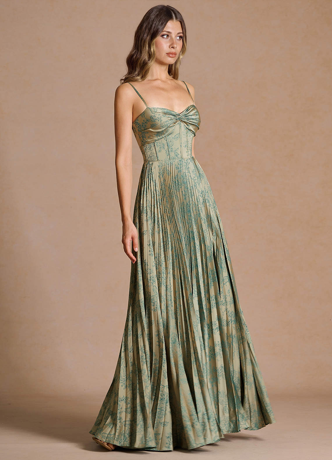 Vesper Pleated Knot-Neck Jacquard Wedding Guest Dress in Moss Navy