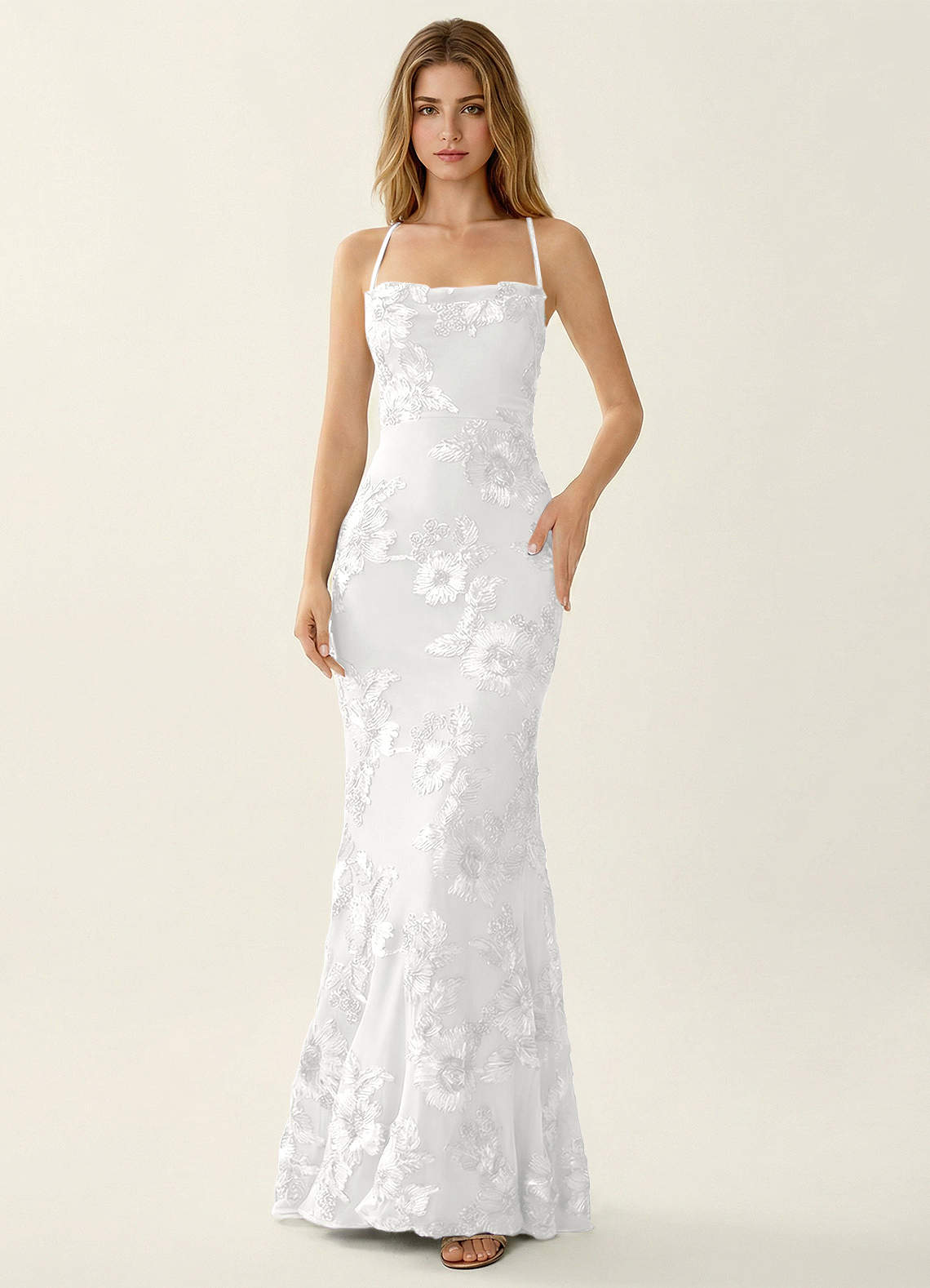 Kailani Mermaid Spaghetti-Strap Lace Evening Dress in Pale Purple