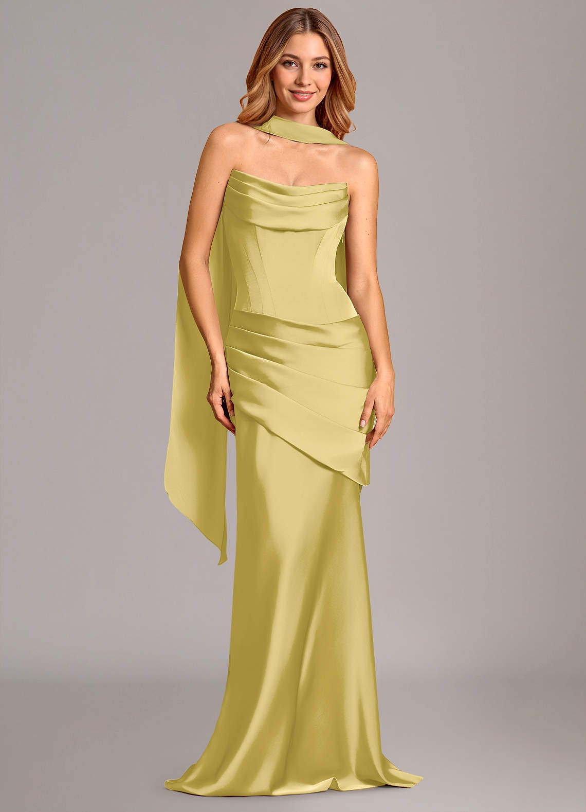 Pelagia Mermaid Cowl-Neck Stretch Satin Bridesmaid Dress in Canary