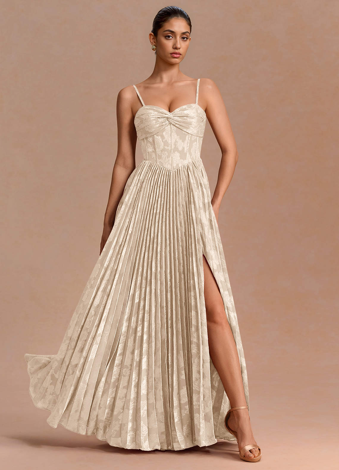 Delfina A-Line Twisted-Bust Fil Coupé Evening Dress in Cream