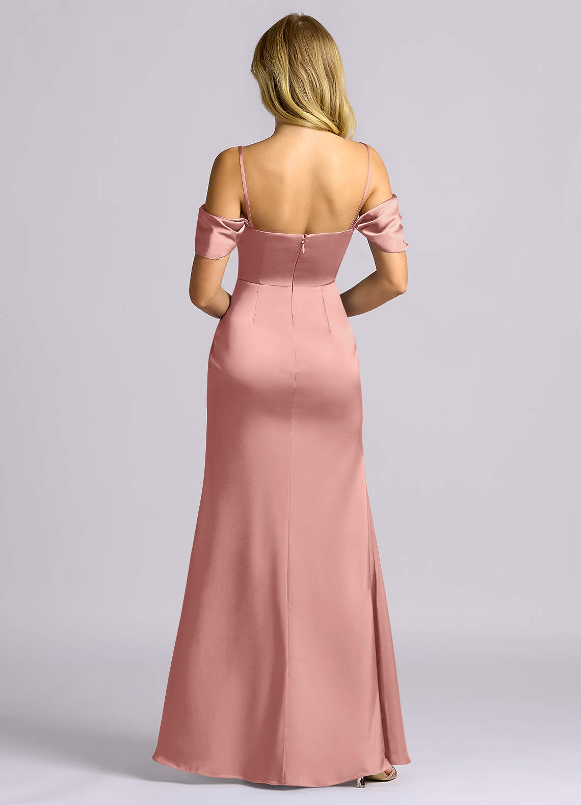 Auden Sheath Off-the-Shoulder Stretch Satin Bridesmaid Dress in Rosette