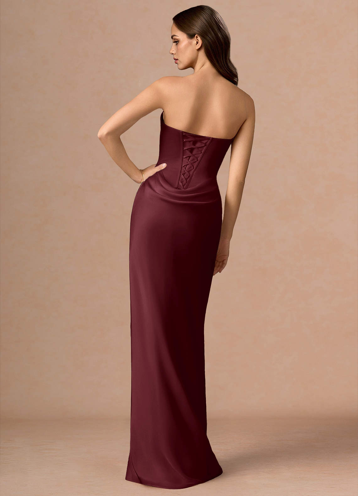 Valencia Scarf Lace-Up Stretch Satin Evening Dress in Wine