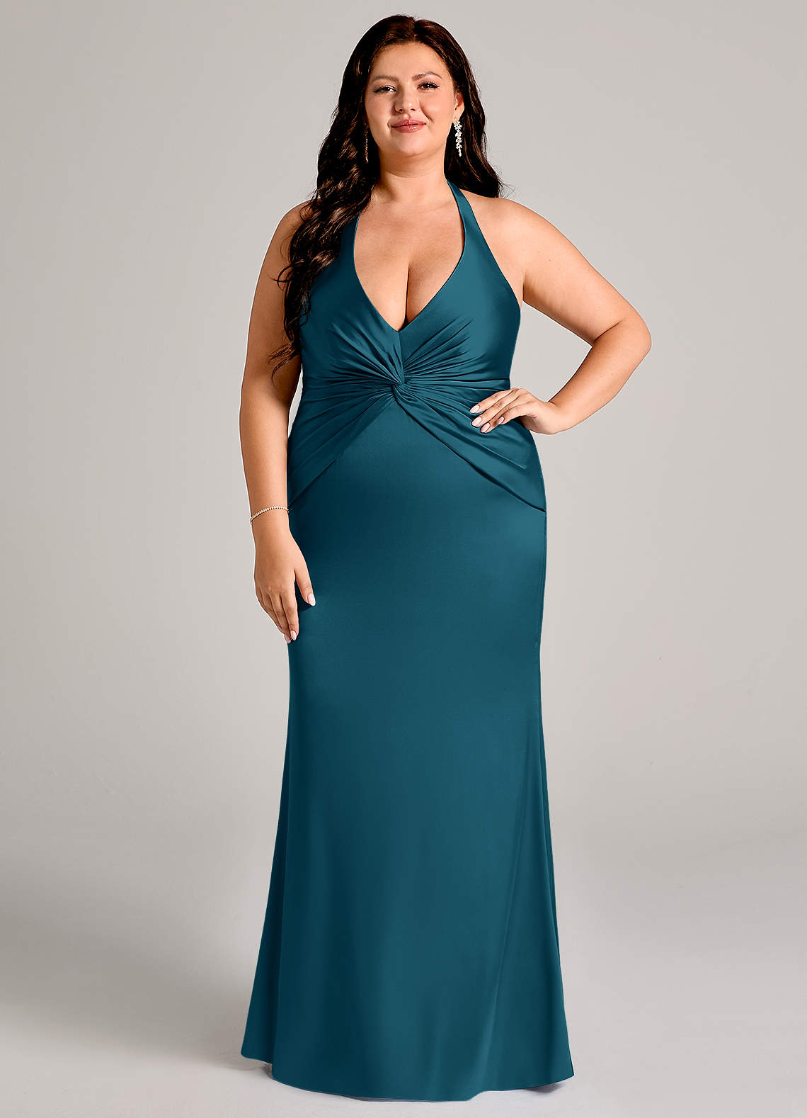 Valerie Mermaid V-Neck Stretch Satin Bridesmaid Dress in Ink Blue
