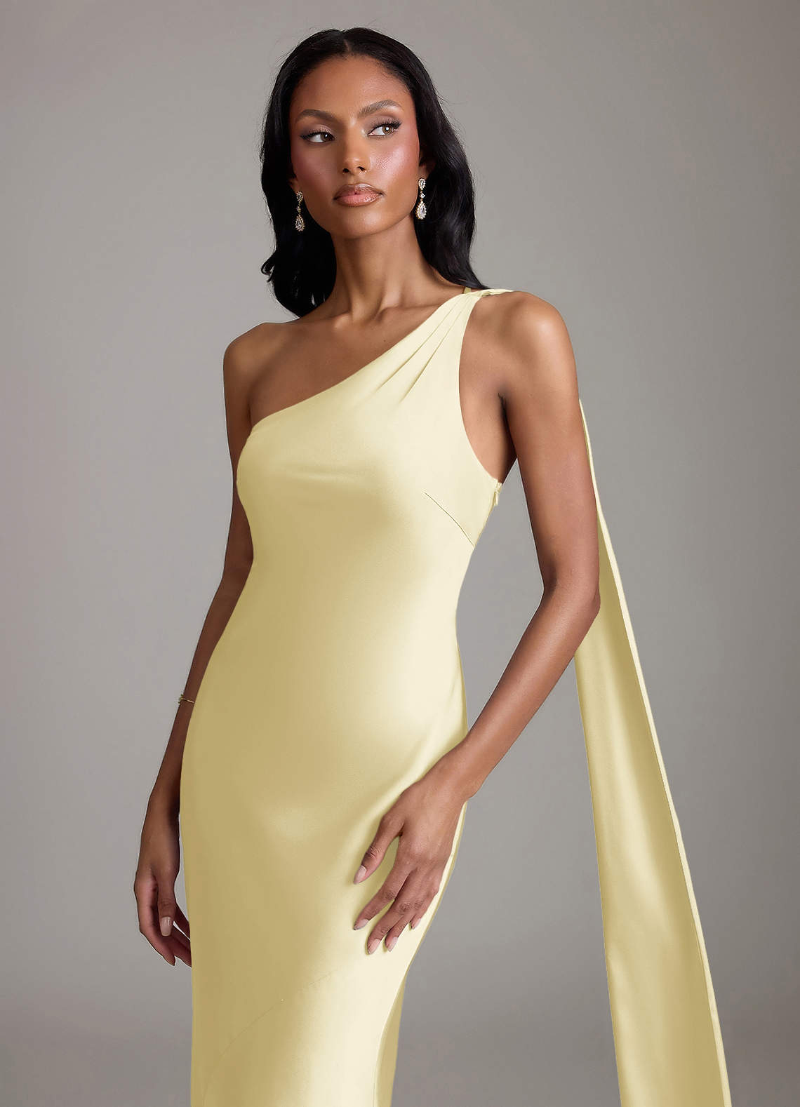 Juniper Mermaid One-Shoulder Stretch Satin Bridesmaid Dress in Lemon Sorbet