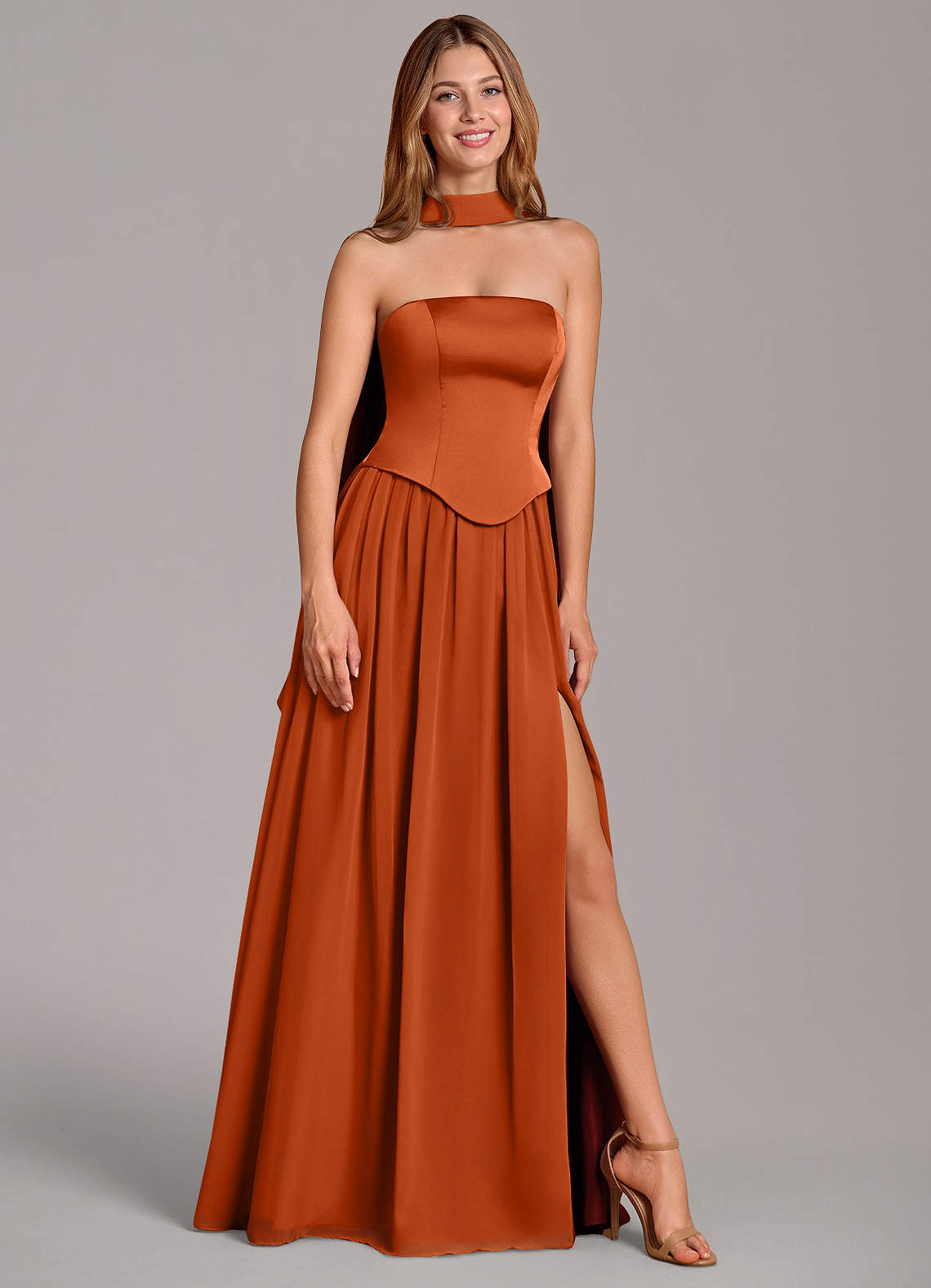 Cadence A-Line Strapless Chiffon and Stretch Satin Bridesmaid Dress in Burnt Orange