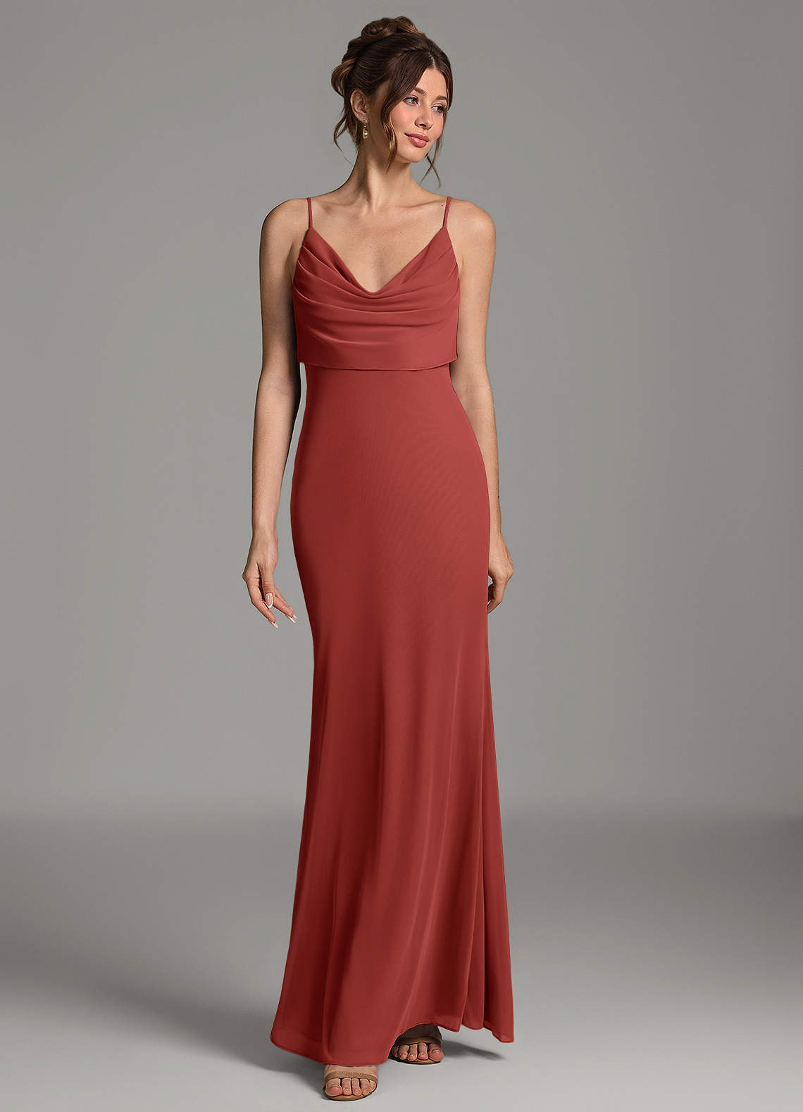 Zari Mermaid Cowl-Neck Mesh Bridesmaid Dress in Terracotta