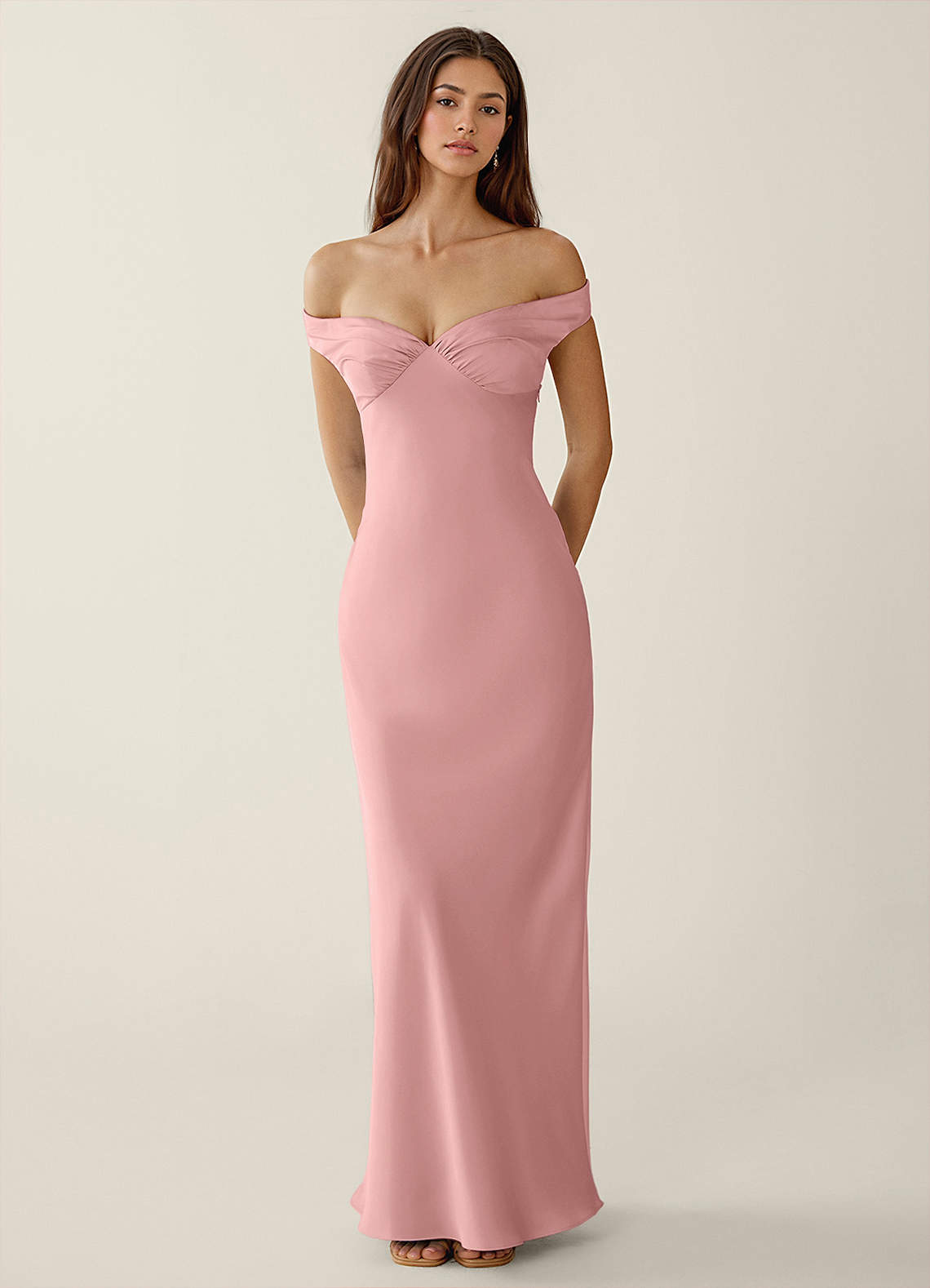 Gwendonme Sheath Off-the-Shoulder Satin Crystal Linen Evening Dress in Powder Pink