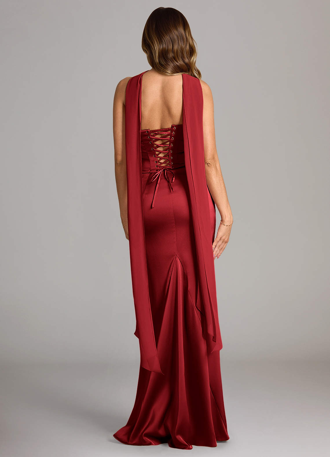 Sorrel Mermaid Cowl-Neck Stretch Satin and Chiffon Bridesmaid Dress in Scarlet