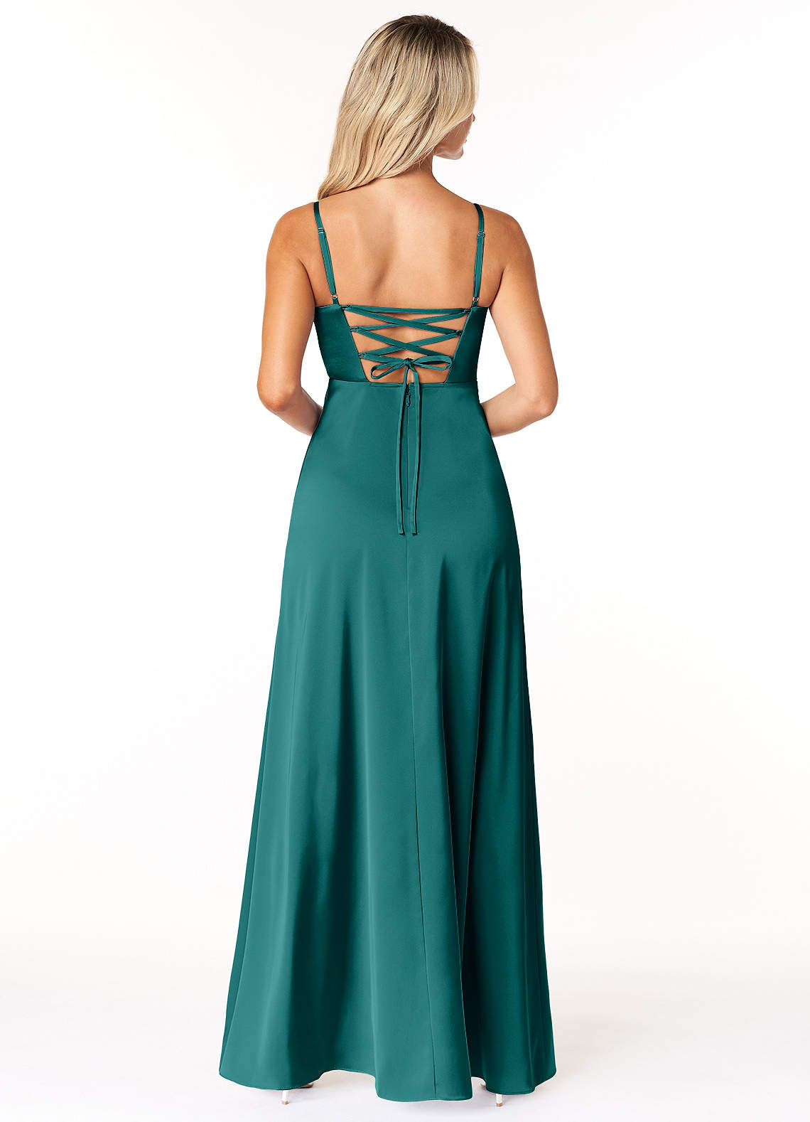 Marchella A-Line V-Neck Stretch Satin Bridesmaid Dress in Peacock