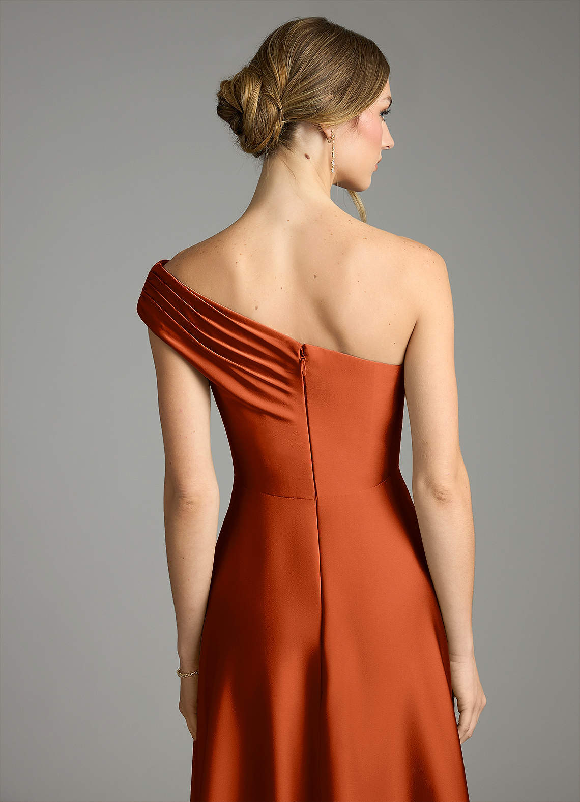 Melanie A-Line One-Shoulder Stretch Satin Bridesmaid Dress in Paprika