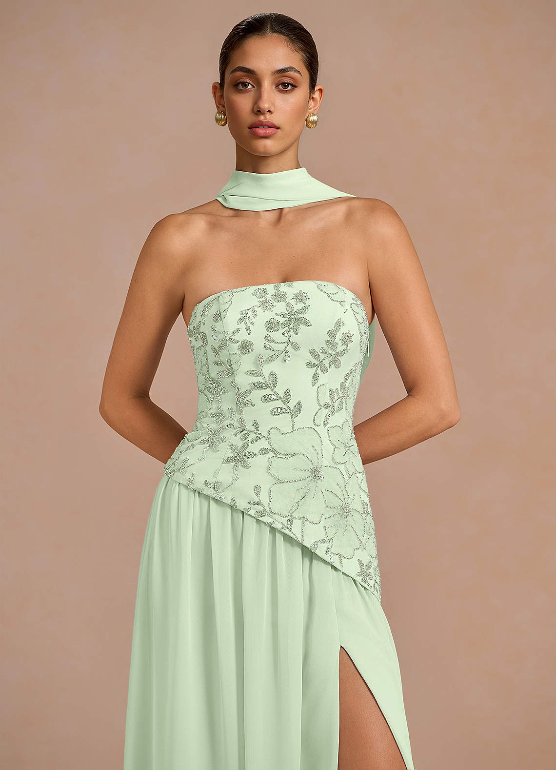 Galatea Sky Blue A-Line Floral Chiffon Evening Dress in Light Green