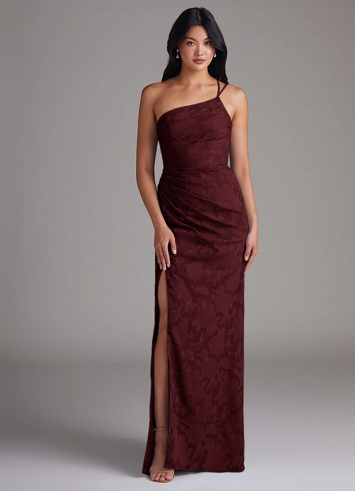 Eren Sheath One-Shoulder Floral Burnout Bridesmaid Dress in Cabernet