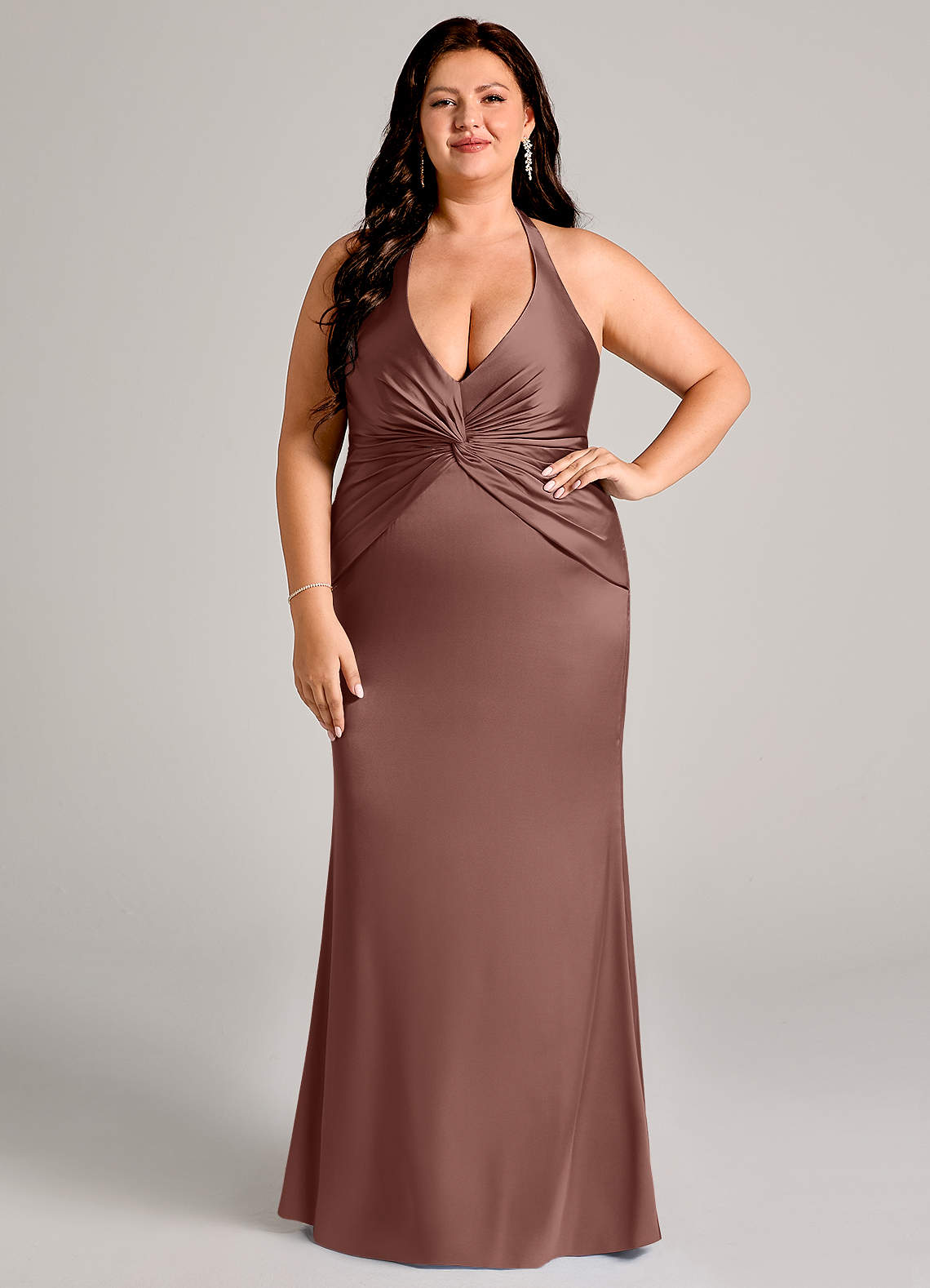 Valerie Mermaid V-Neck Stretch Satin Bridesmaid Dress in Espresso