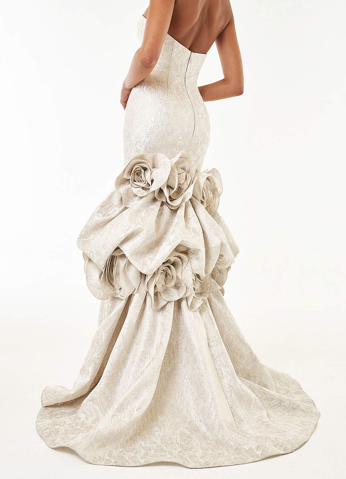 Donatella Rosette Bustle-Train Metallic Brocade Evening Dress in Champagne