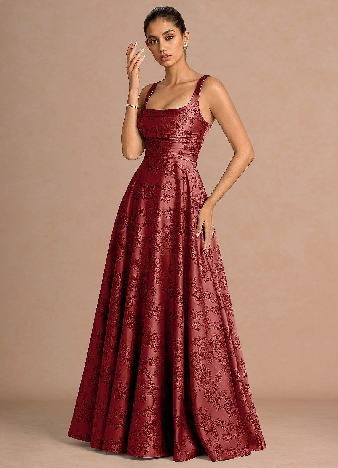 Azaria A-Line Square-Neck Jacquard Evening Dress in Orange Red