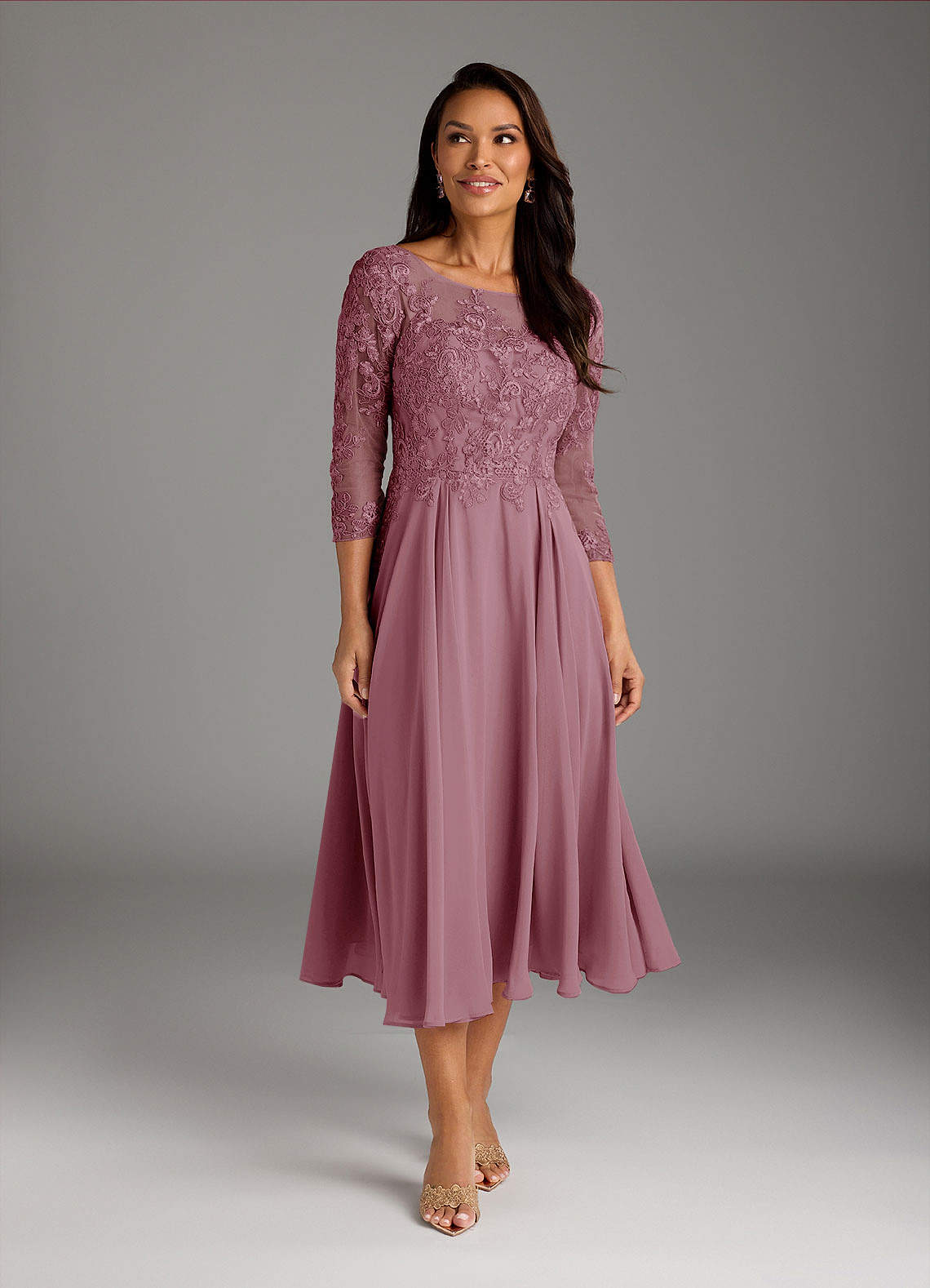 Marge A-Line Scoop-Neck Chiffon and Lace Mother of the Bride Dress in Vintage Mauve