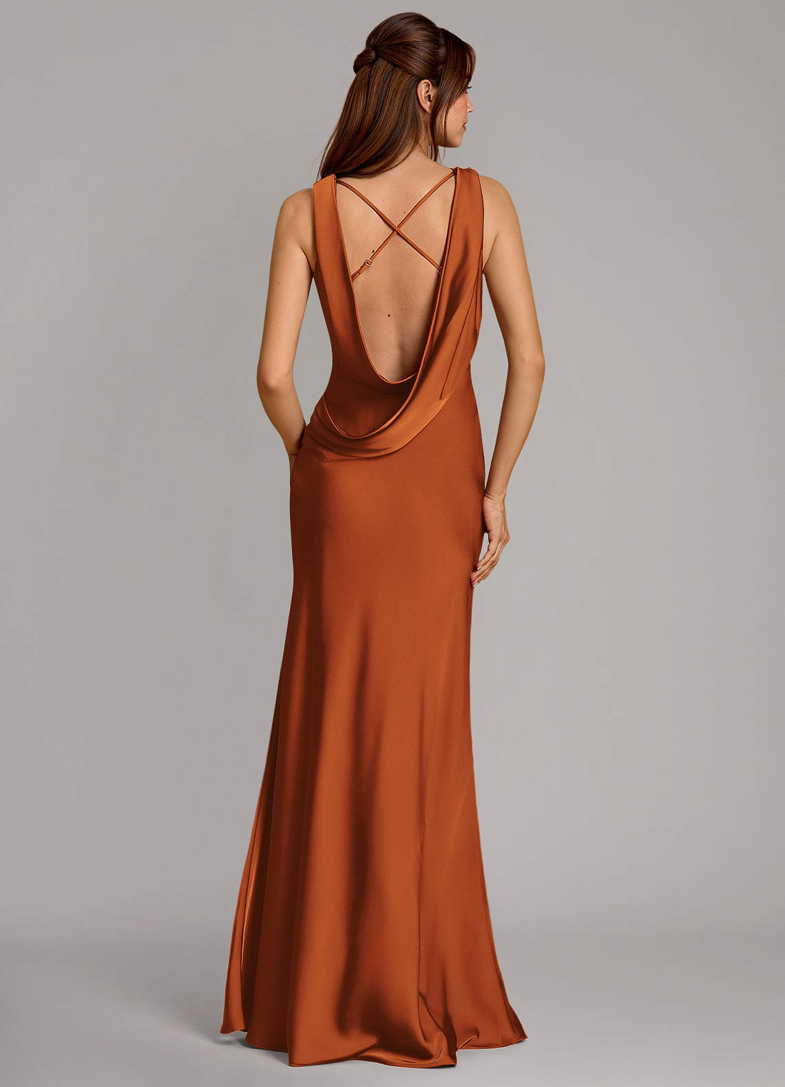 Cheryl Mermaid Cowl-Neck Stretch Satin Bridesmaid Dress in Cinnamon