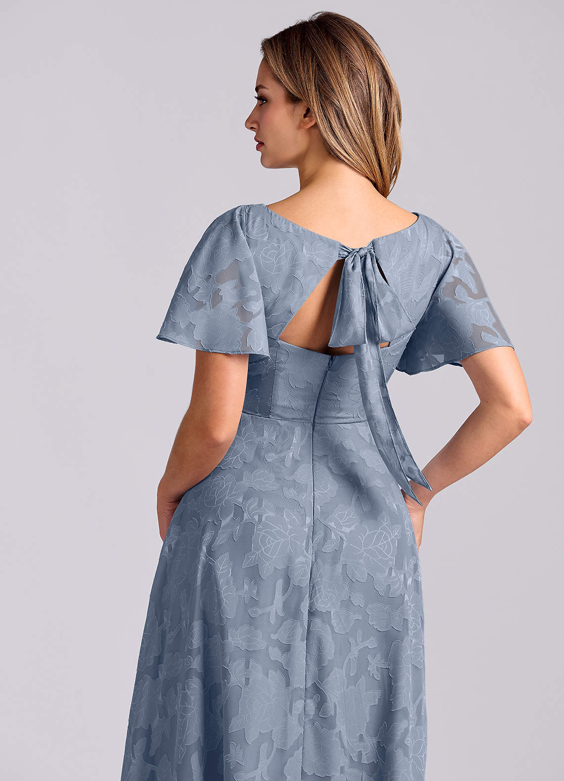 Kimber A-Line V-Neck Floral Burnout Bridesmaid Dress in dusty blue