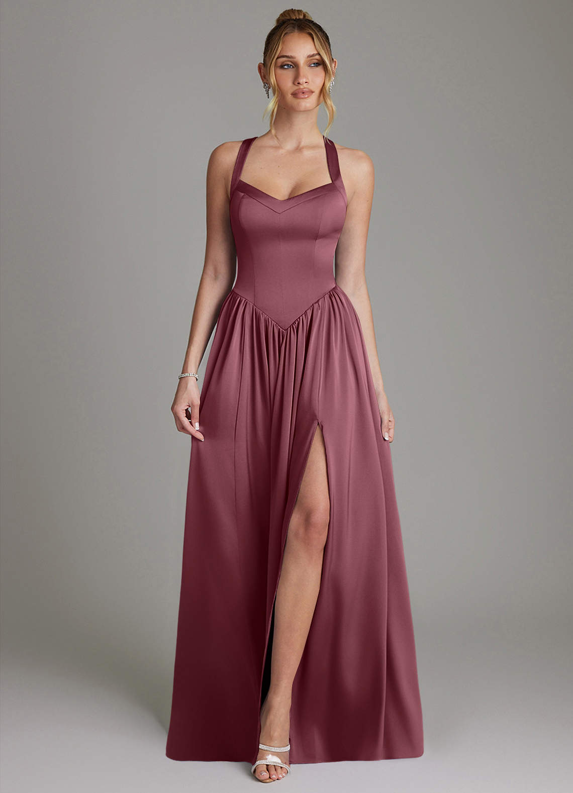 Francis A-Line V-Neck Stretch Satin Bridesmaid Dress in Desert Rose