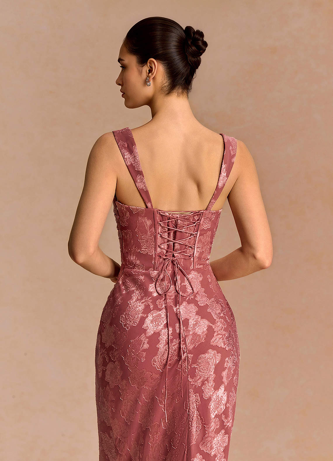 Agustina Square-Neck Pleated Fil Coupé Evening Dress in Vintage Rose