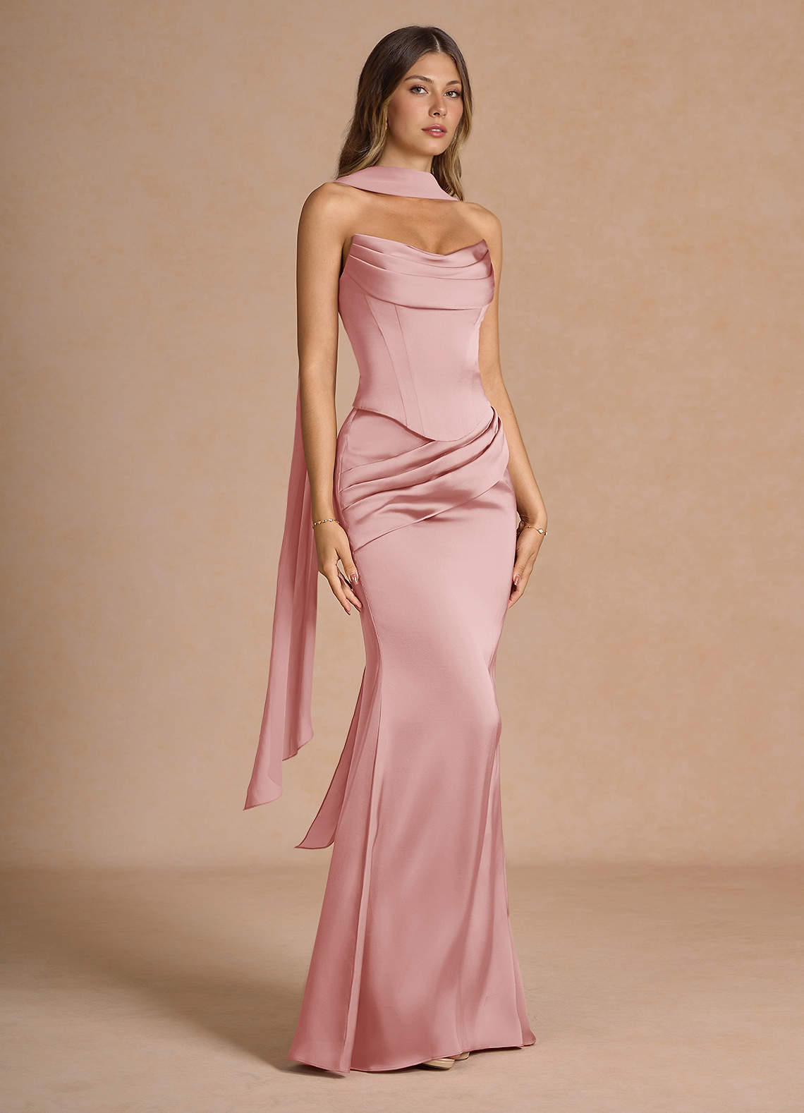 Sorrel Mermaid Corset Stretch Satin Evening Set in Haze Pink