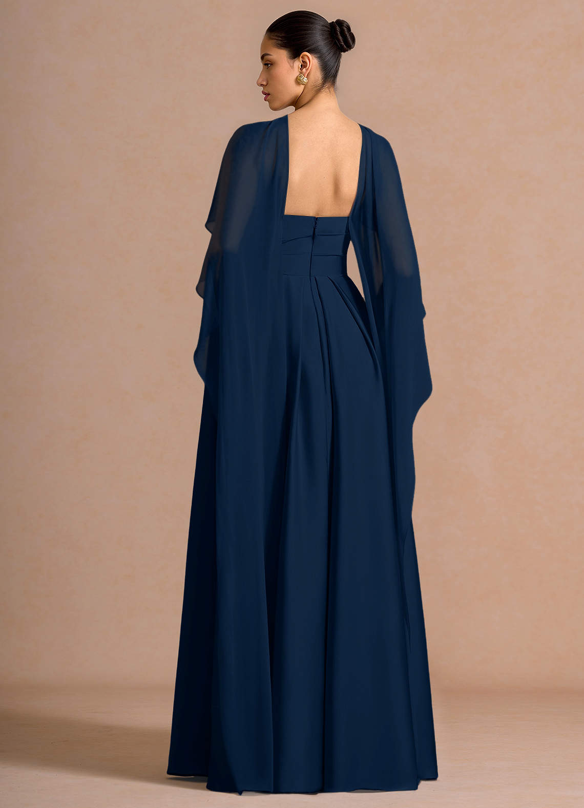 Nancy A-Line V-Neck Stretch Satin and Chiffon Evening Dress in Navy