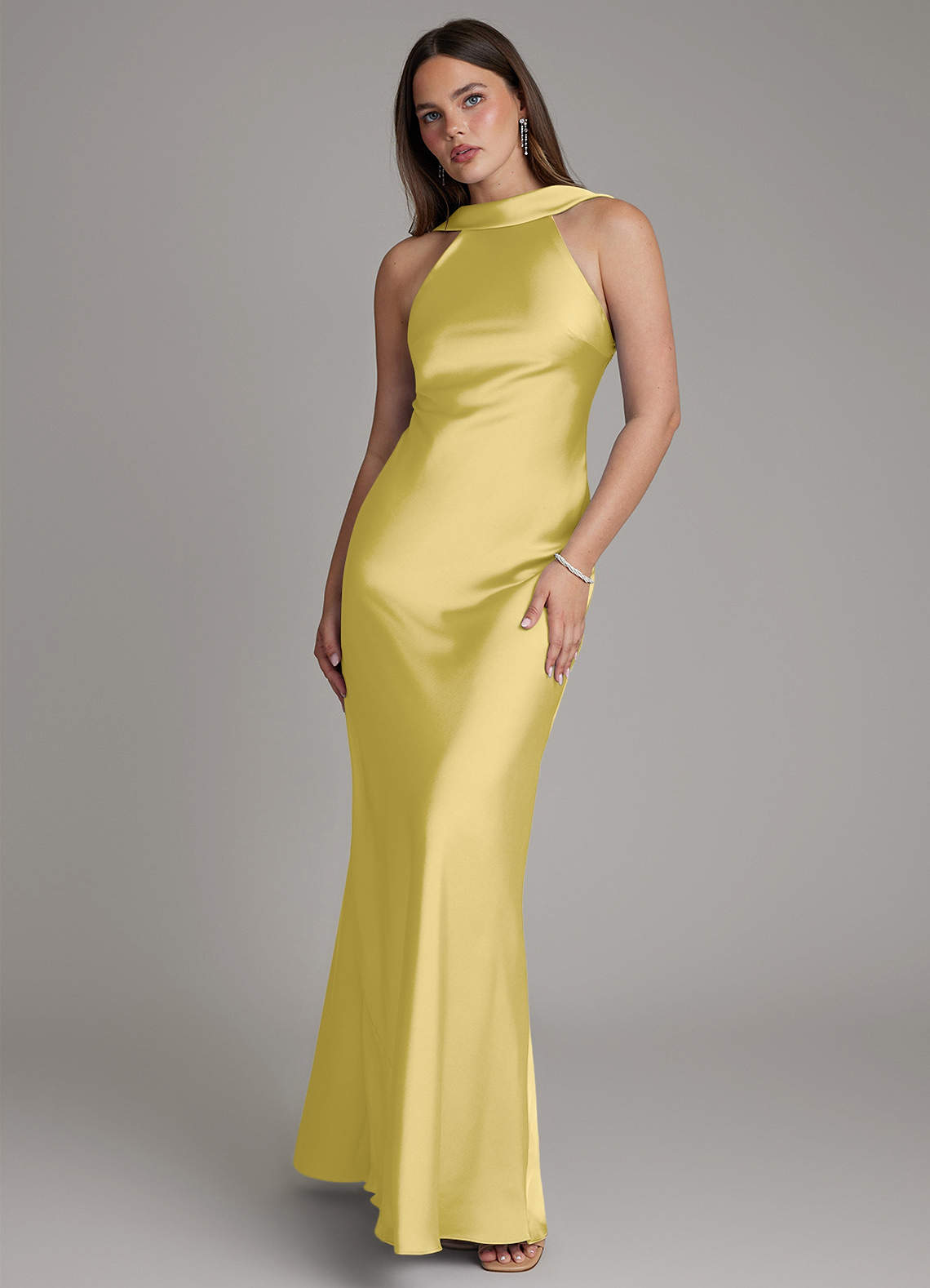 Dimitra Sheath Halter Stretch Satin Bridesmaid Dress in Canary