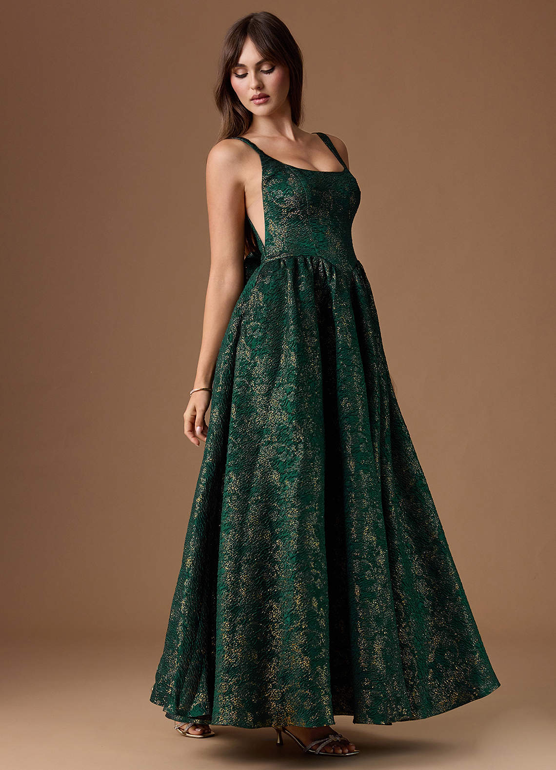 Bea A-Line Square-Neck Brocade Evening Dress in Gilded Emerald
