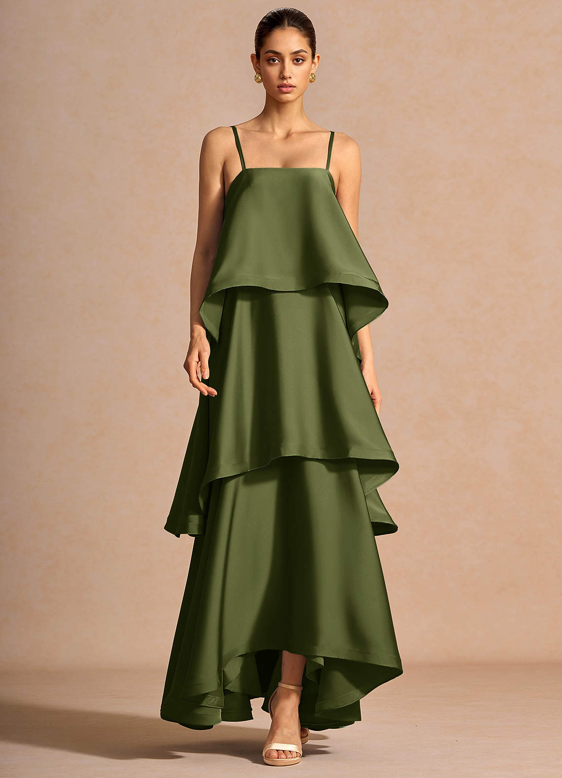 Itasca A-Line Tiered Stretch Satin Wedding Guest Dress in Olive