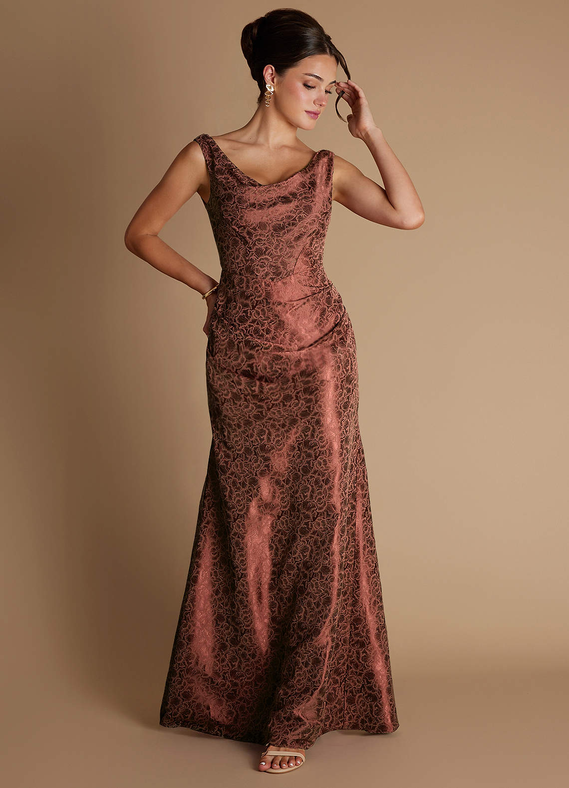 Kiana Mermaid Scoop-Neck Jacquard Wedding Guest Dress in Brick Red